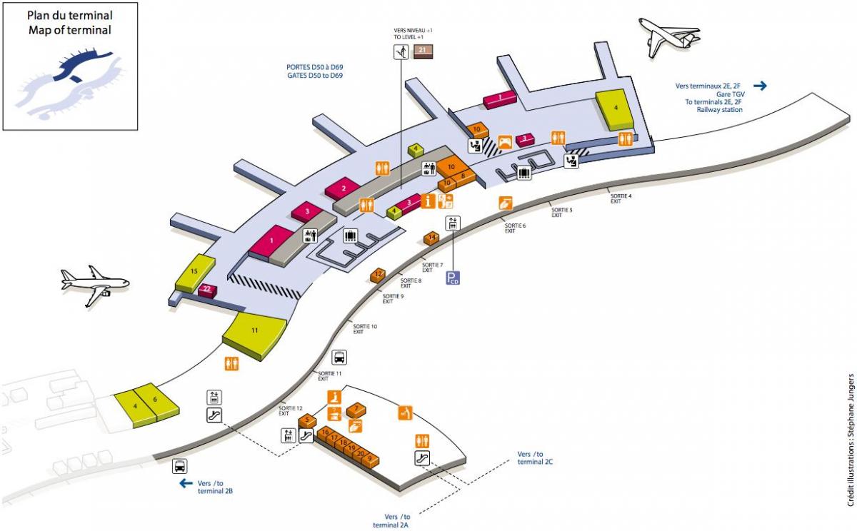 نقشہ کے CDG ہوائی اڈے کے ٹرمینل 2D