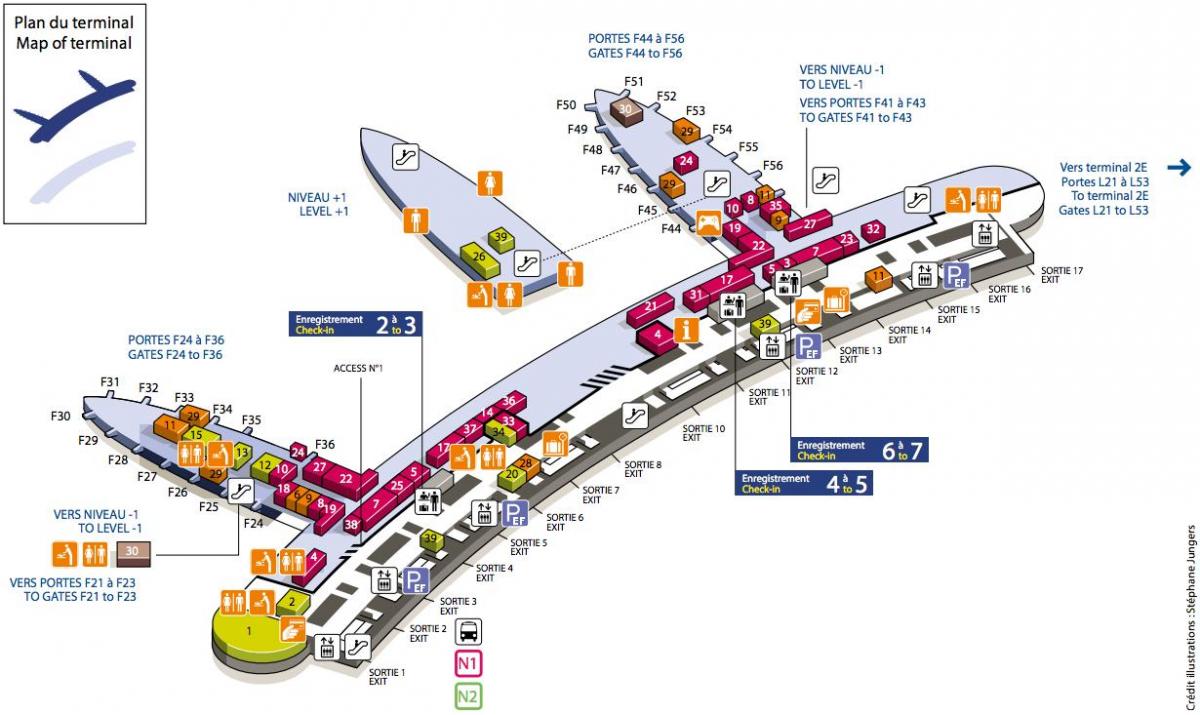 نقشہ کے CDG ہوائی اڈے کے ٹرمینل 2F